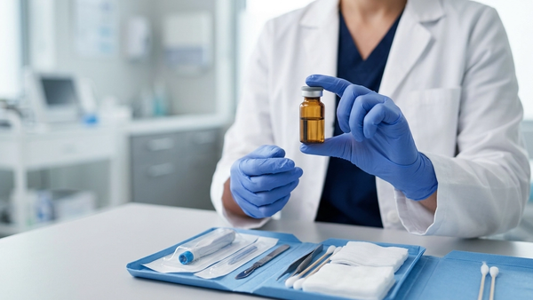 A close-up of a healthcare professional in a lab coat holding a small medical vial of injectable medication next to a sterile skin biopsy medical kit.