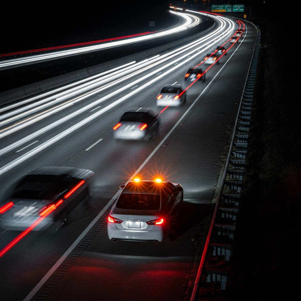 A white sedan with its hazard lights flashing is parked on the shoulder of a busy multi-lane freeway at night while other vehicles pass by.