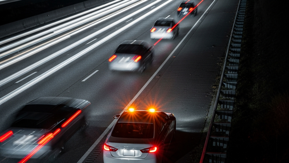 A white sedan with its hazard lights flashing is parked on the shoulder of a busy multi-lane freeway at night while other vehicles pass by.