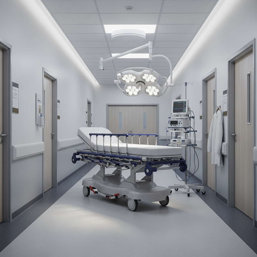 A sterile hospital corridor with a medical gurney parked against a wall and a surgical light hanging from the ceiling.
