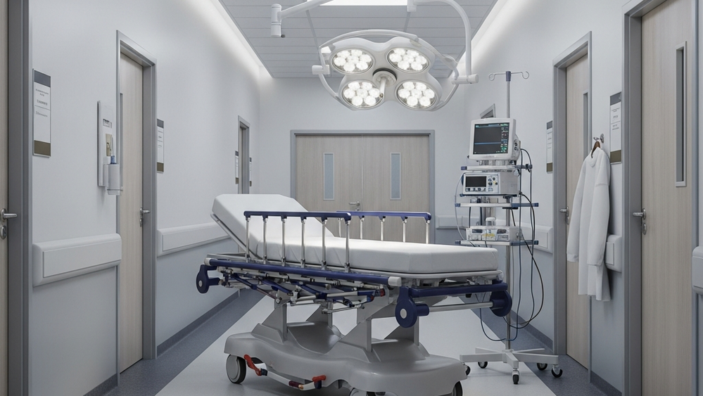 A sterile hospital corridor with a medical gurney parked against a wall and a surgical light hanging from the ceiling.