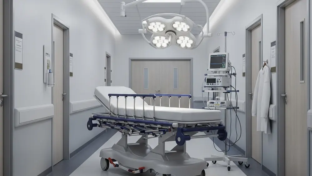 A sterile hospital corridor with a medical gurney parked against a wall and a surgical light hanging from the ceiling.