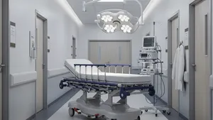 A sterile hospital corridor with a medical gurney parked against a wall and a surgical light hanging from the ceiling.