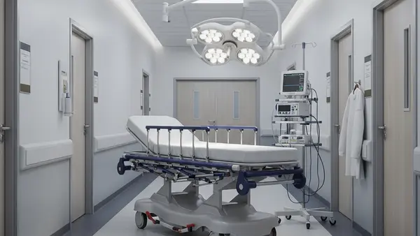 A sterile hospital corridor with a medical gurney parked against a wall and a surgical light hanging from the ceiling.