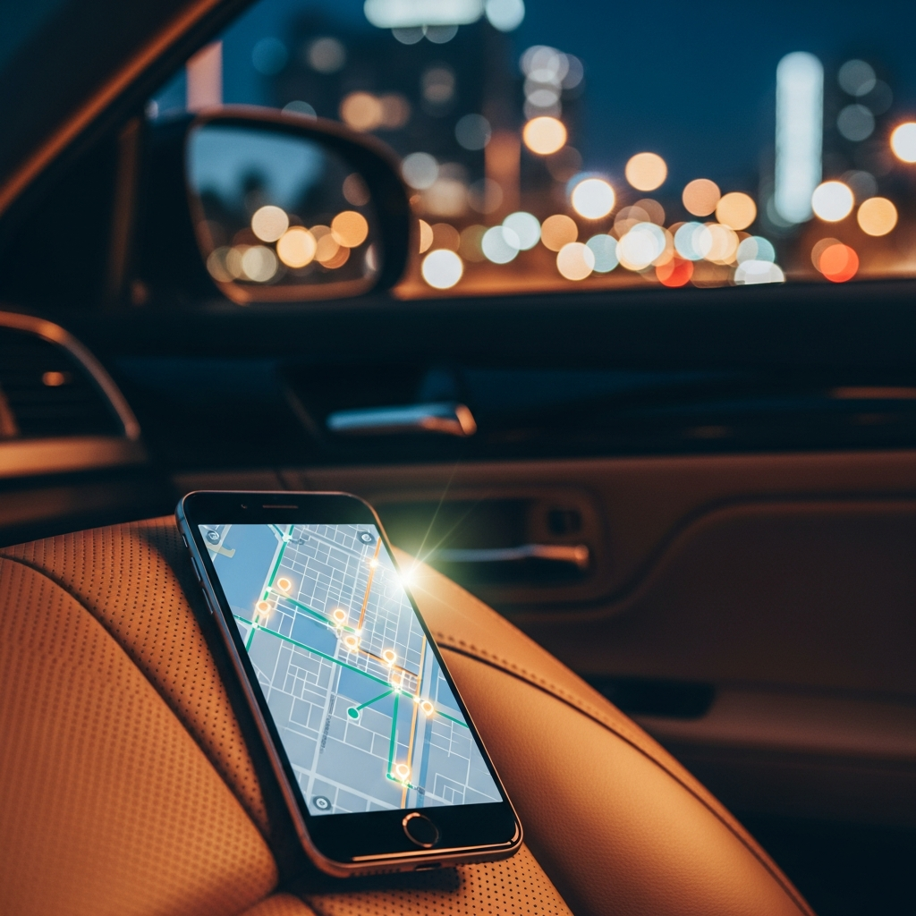 A smartphone with a rideshare map interface sitting on the leather seat of a car, with the glowing lights of a city visible through the window at night.