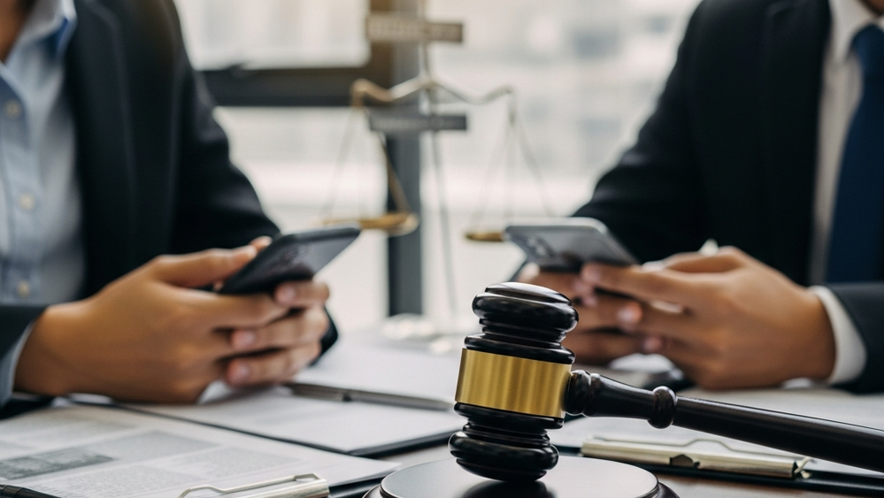 A gavel resting on a desk with a blurred corporate office background representing employment law settlements.