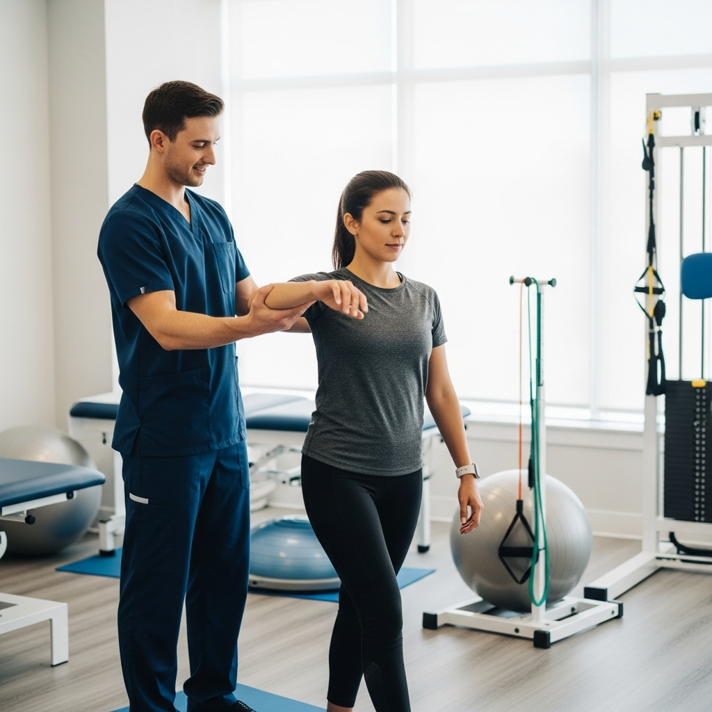 A physical therapist wearing a navy blue uniform assisting a female patient with balance exercises in a bright clinical setting with exercise equipment.