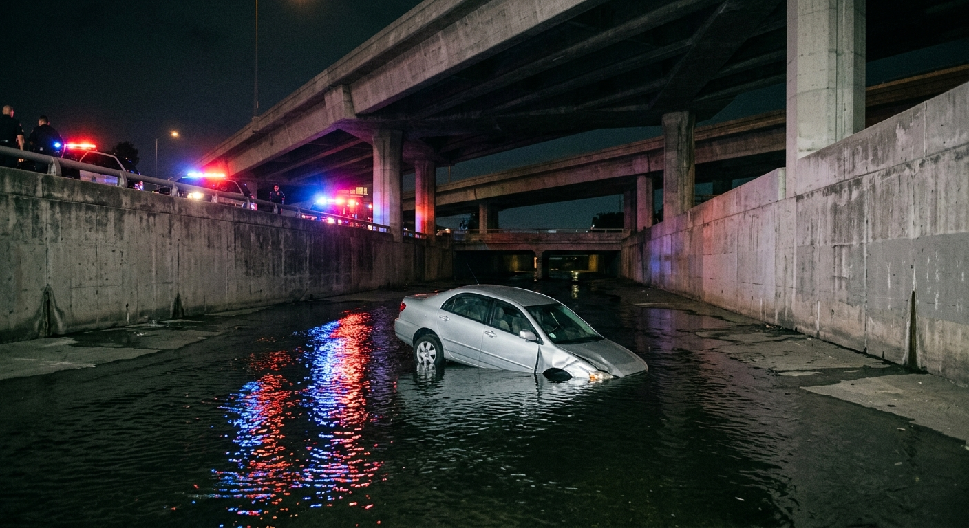 A silver sedan submerged in a concrete canal under a freeway overpass with emergency lights reflecting on the water surface.