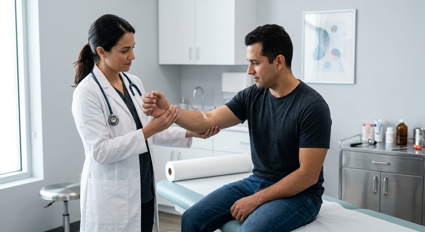 A medical professional in a white coat conducting a physical range-of-motion test on a worker's arm in a clinical examination room.