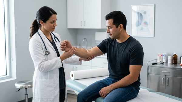 A medical professional in a white coat conducting a physical range-of-motion test on a worker's arm in a clinical examination room.