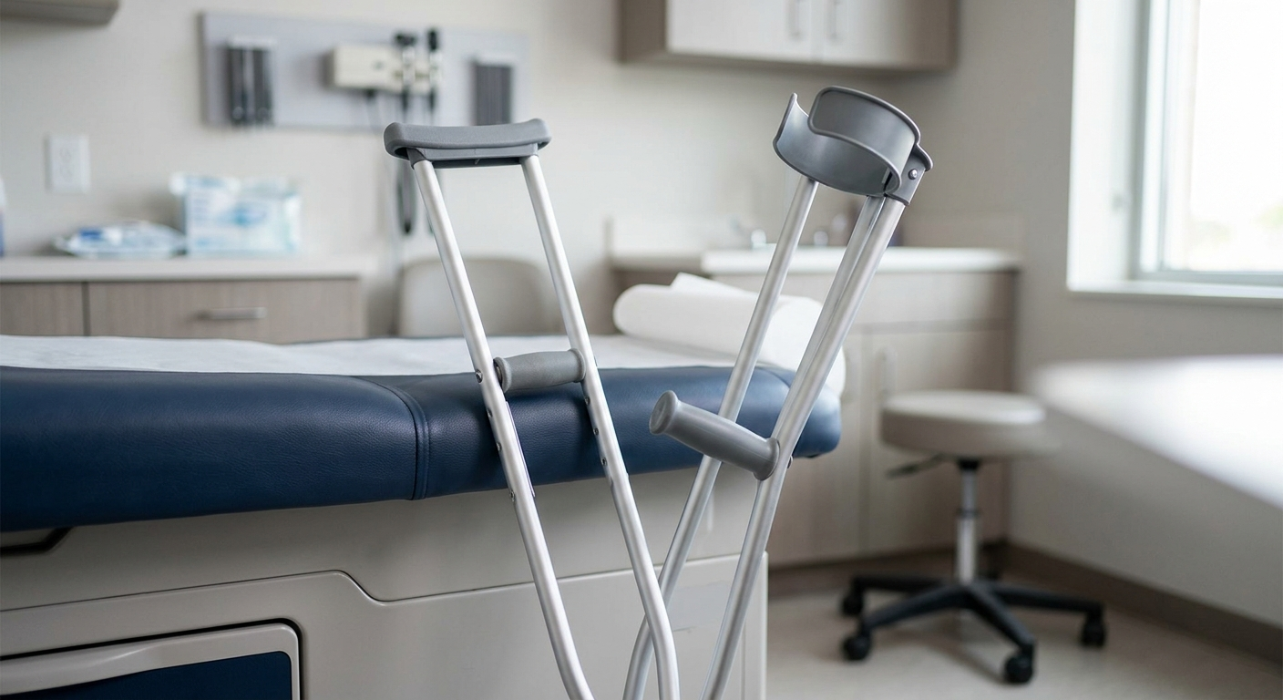 A pair of crutches leans against a medical examination table in a sterile doctor’s office.