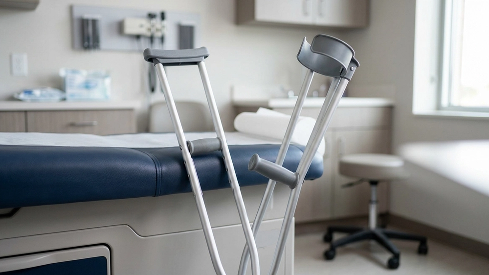 A pair of crutches leans against a medical examination table in a sterile doctor’s office.