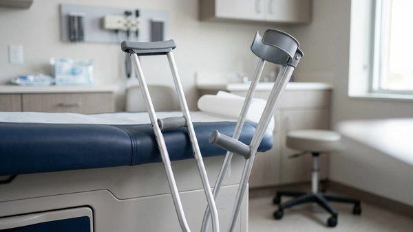 A pair of crutches leans against a medical examination table in a sterile doctor’s office.