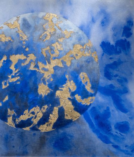 A blue planet with golden continents against a sky of cobalt and white.