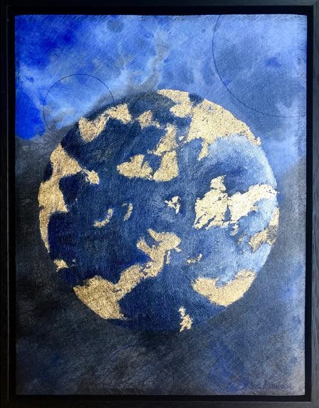 A blue planet with golden continents low in the frame, open sky above it.