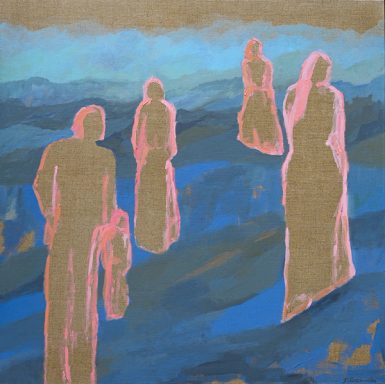 The same figures, now in a blue landscape and outlined in salmon pink, against a horizon of hills.