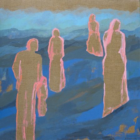 The same figures, now in a blue landscape and outlined in salmon pink, against a horizon of hills.