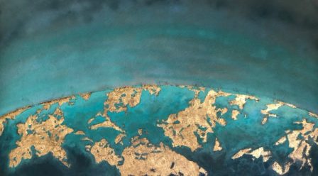 A wide work showing the earth in blue, white and gold.