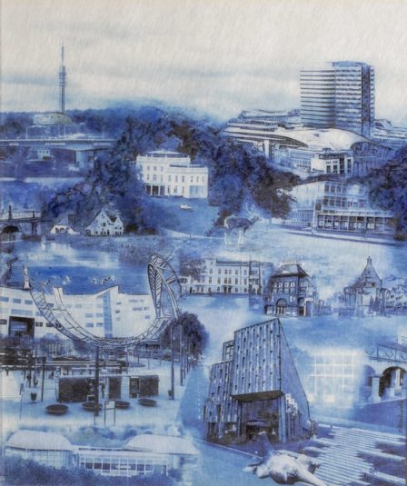 Arnhem landmarks in Delft blue: the Eusebius church and the John Frost bridge.