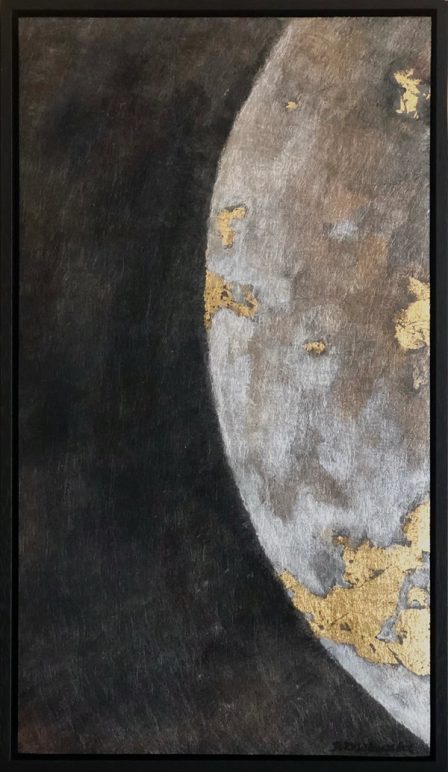 An upright canvas showing only the edge of a moon, the rest dark.