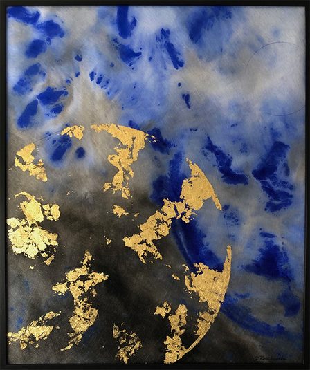 Cobalt blue and deep grey, with a rim of gold-coloured metal leaf where the planet ends.