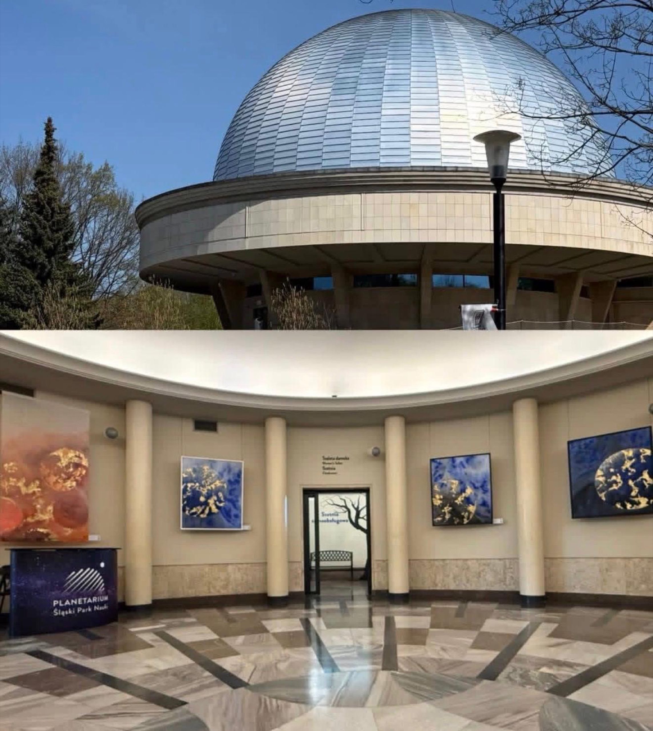 The planetarium rotunda with several works on the wall.