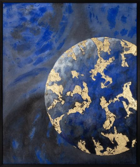 A planet in deep blue, its continents in gold-coloured metal leaf, in a black frame.