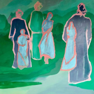 Five standing figures in a green landscape, each outlined in pink, the bare canvas serving as their faces.