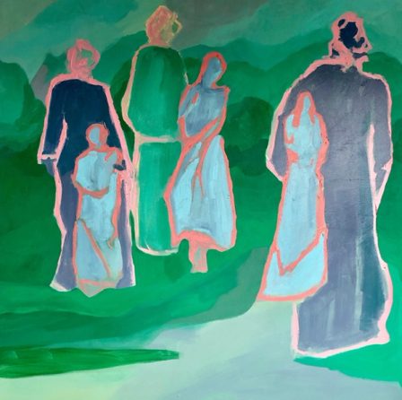 Five standing figures in a green landscape, each outlined in pink, the bare canvas serving as their faces.