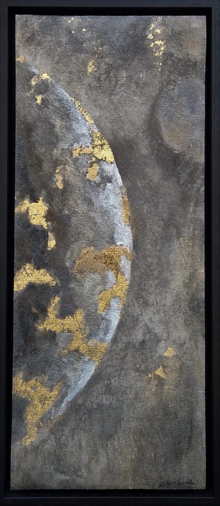 A narrow upright form: the edge of a moon in silver and gold against brown-grey.