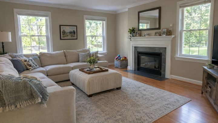 A tidy family room with a fireplace