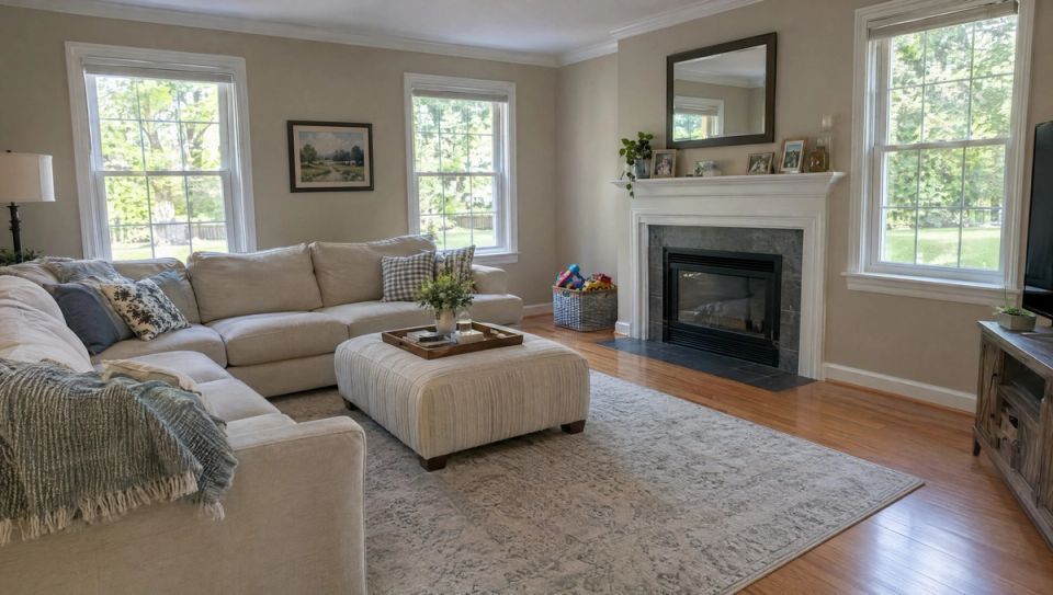 A bright, clean family room with a fireplace