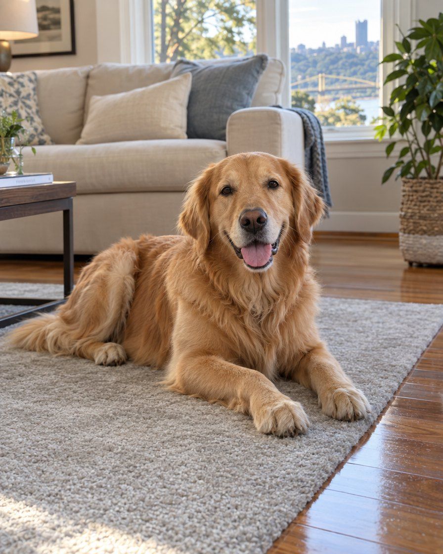 A golden retriever lying on a clean rug in a bright living room