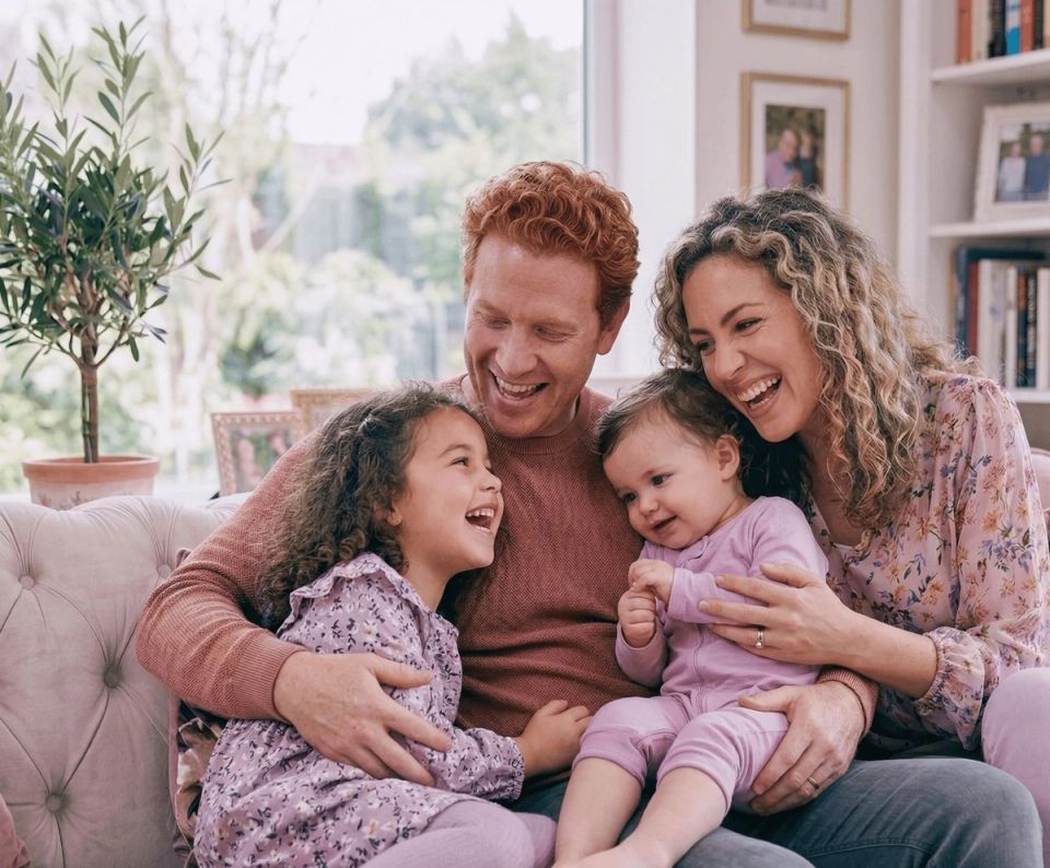A family laughing together on the sofa in a clean living room