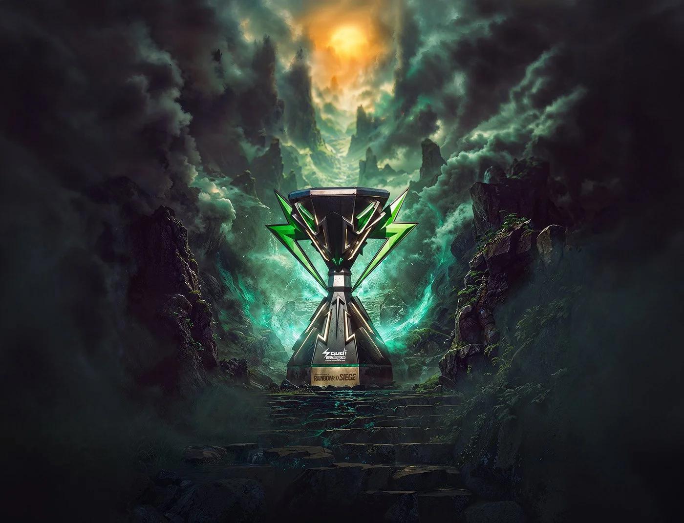 A futuristic Saudi E-League trophy in a dramatic green landscape