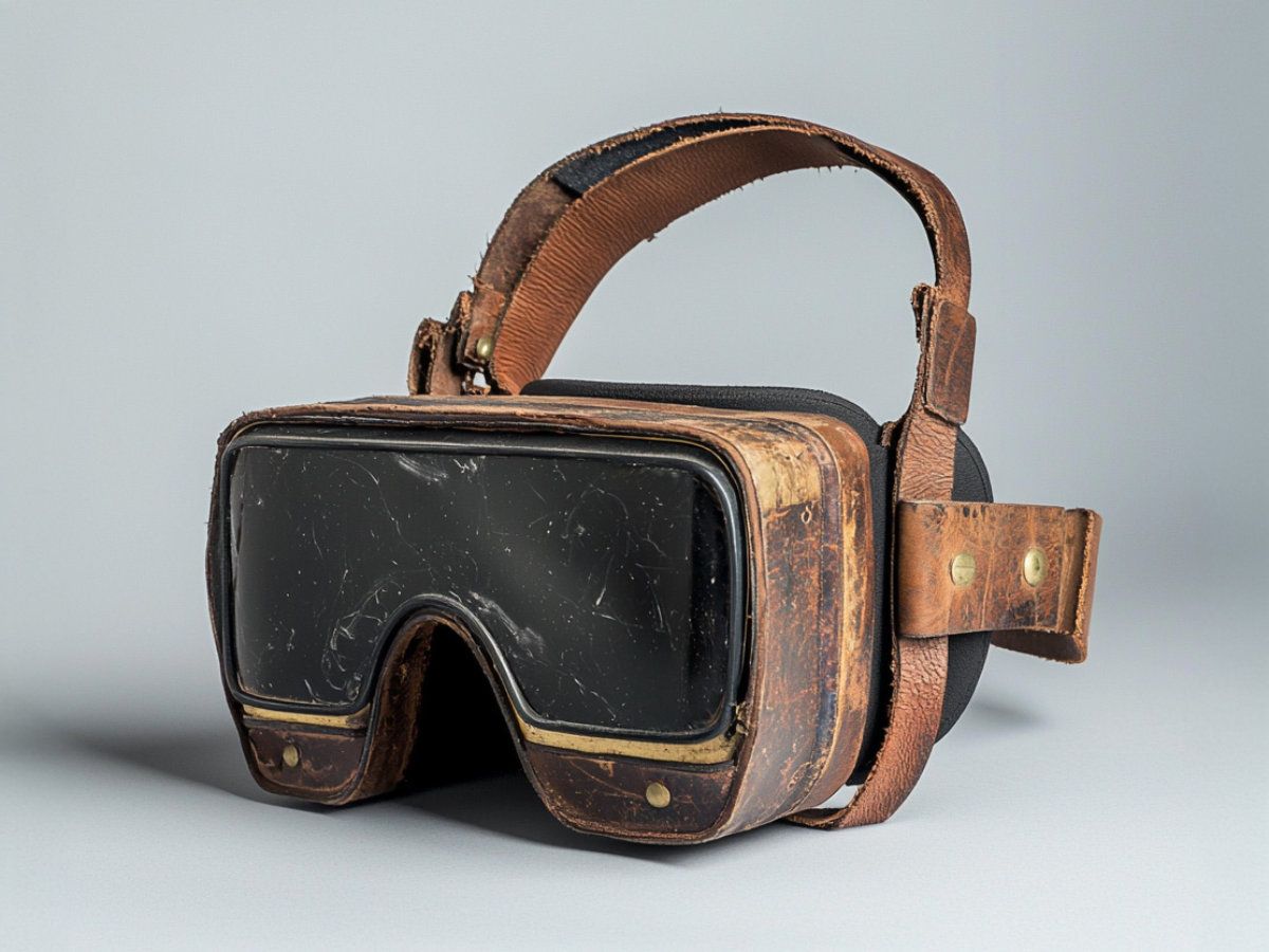 A VR headset from the 19th century. Generated with MidJourney v6. Prompt: Scientific instrument, soft light grey background, softbox, 19th century VR headset, brass and leather