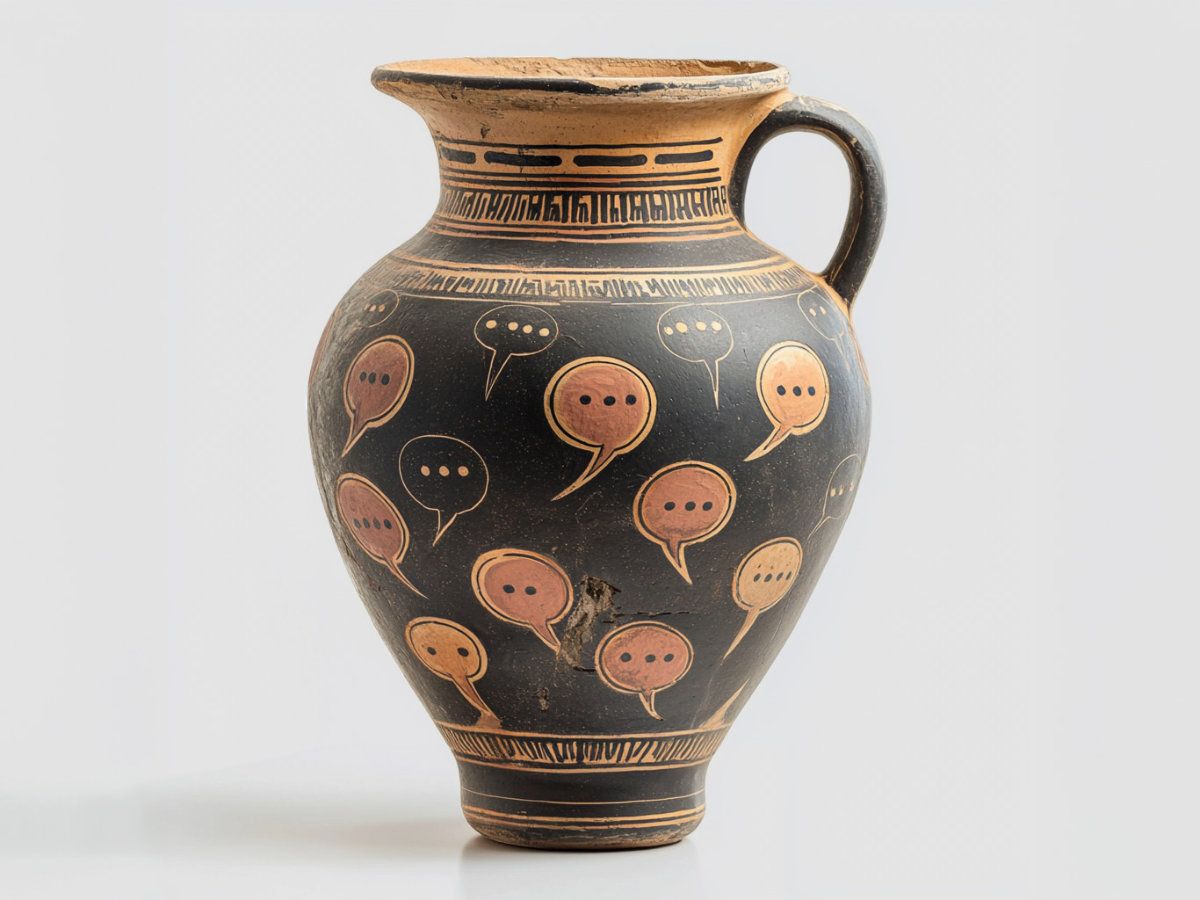 Antique jug with chat bubble motifs. Generated with MidJourney v6. Prompt: ancient greek ceramic, amphora, red-figure technique, decorated with chat bubbles, soft light grey background, softbox