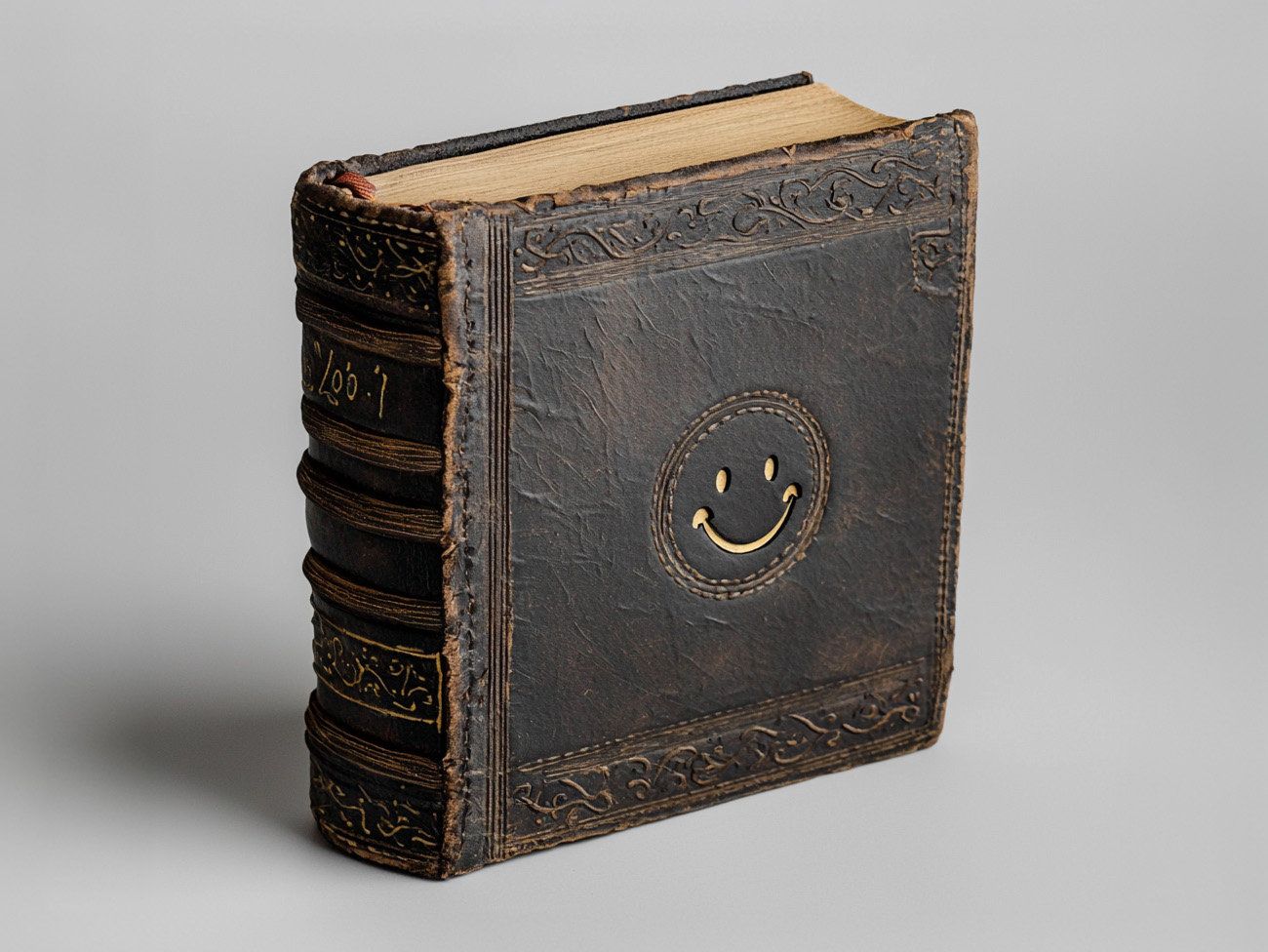 An 18th century travelogue with an emoji icon. Generated with MidJourney v6. Prompt: 18th century travelogue, old book, leather cover, smile emoji face icons, soft light grey background, softbox