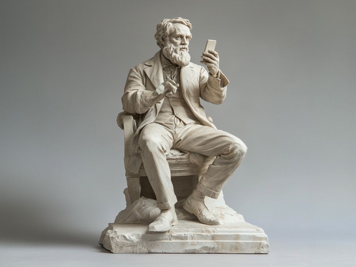 Statue of a scientist with a smartphone, 19th century. Generated with MidJourney v6. Prompt: 19th century stone statue of a scientist holding a smartphone and talking, soft light grey background, softbox