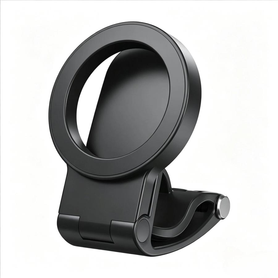 Folded black magnetic phone holder with hinge and clamp base