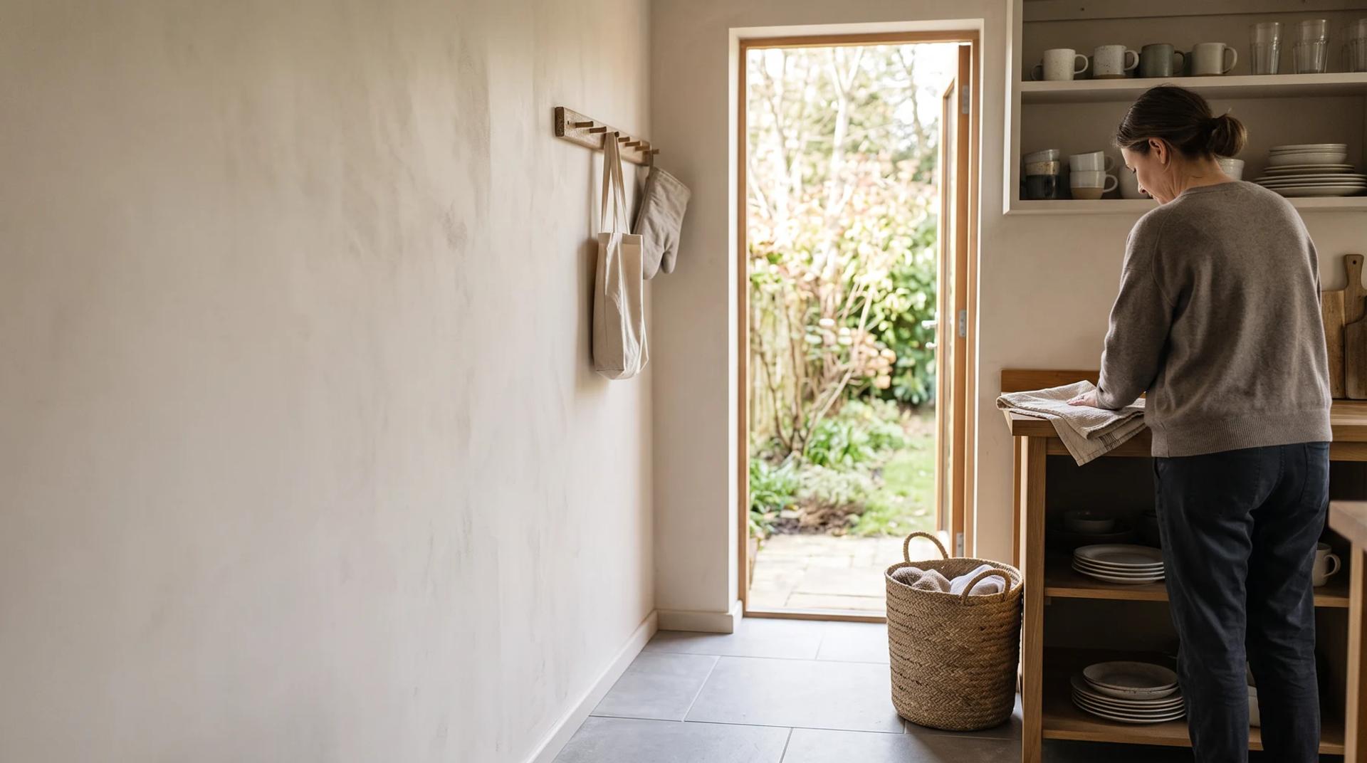 Home lifestyle scene with an adult folding a towel