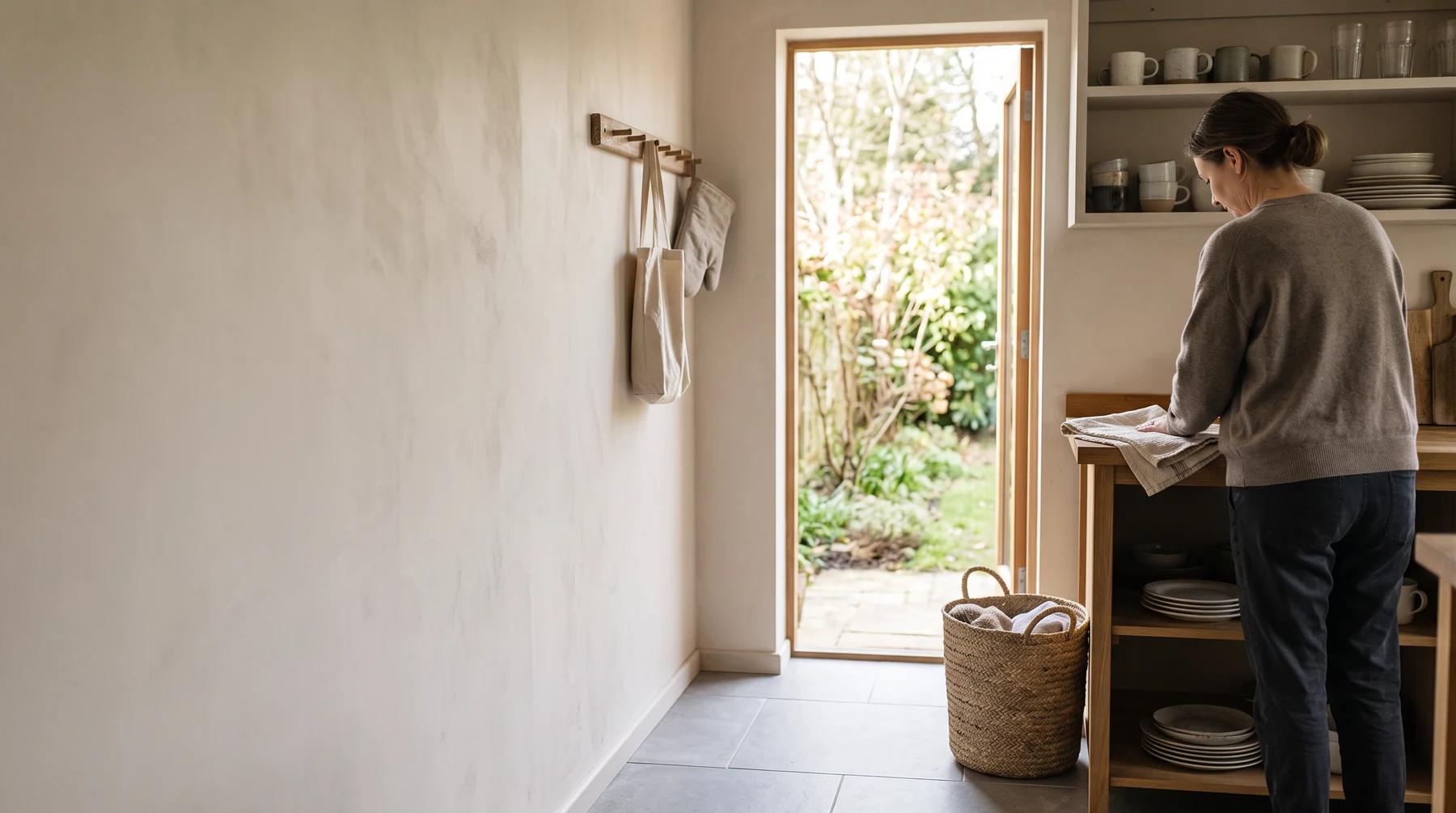 Home lifestyle scene with an adult folding a towel