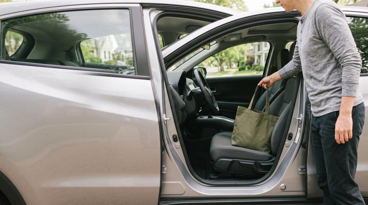 Adult placing a bag in a stationary car; desktop composition