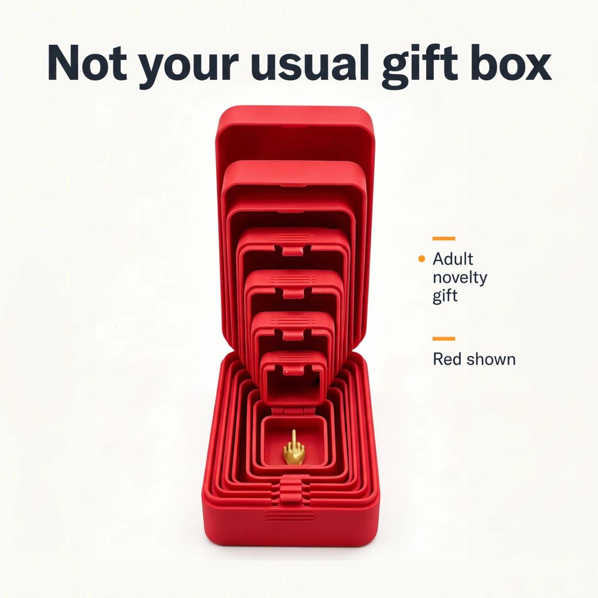 Red nesting prank box with middle-finger novelty reveal; Red shown