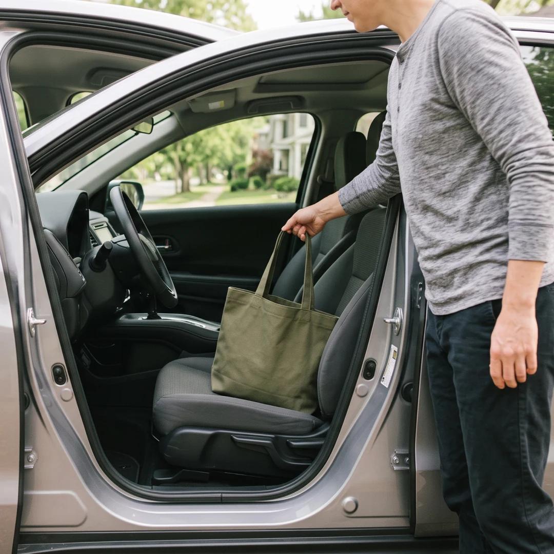 Adult placing a bag in a parked car; square category crop