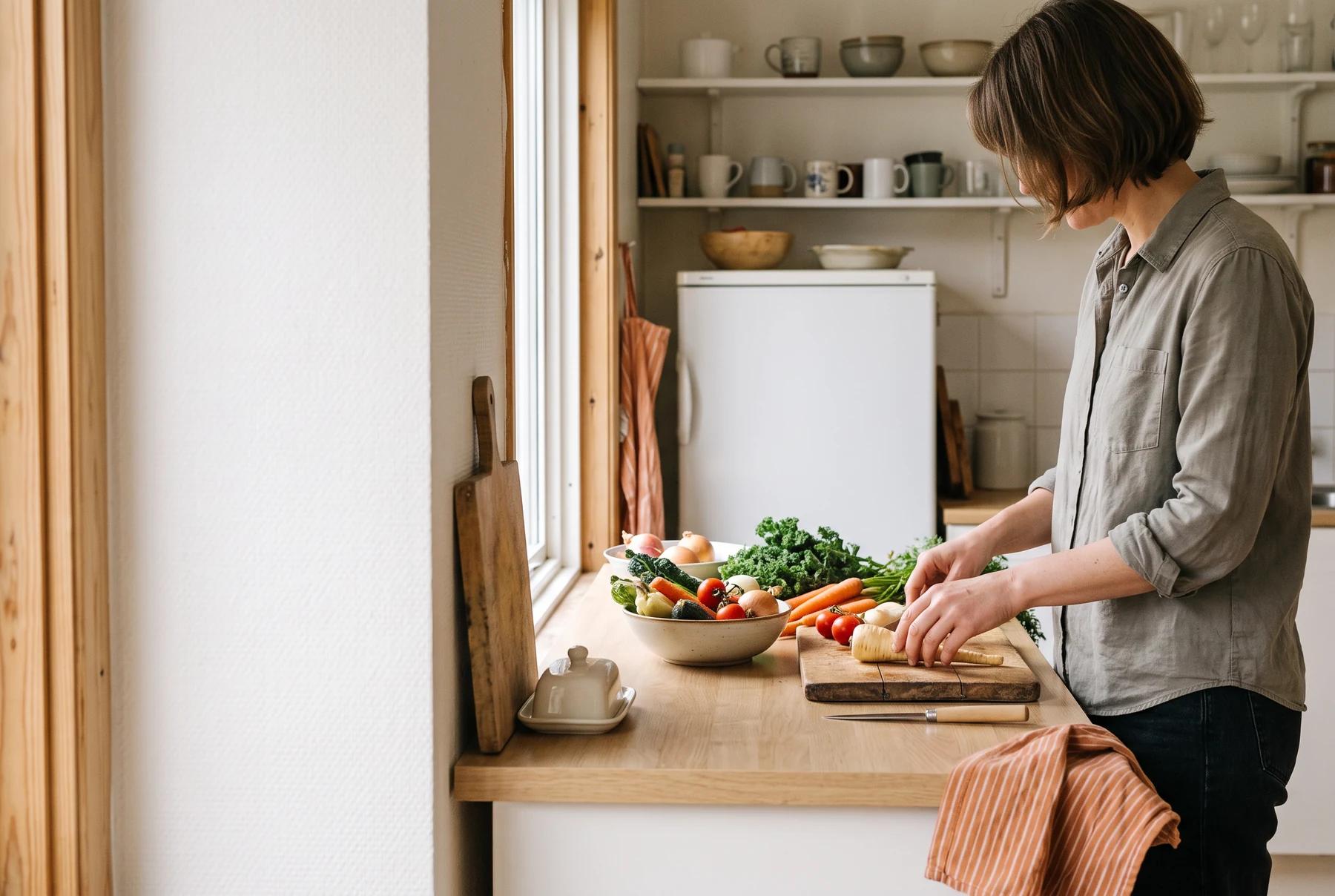 An adult preparing vegetables at home; lifestyle props are not product listings