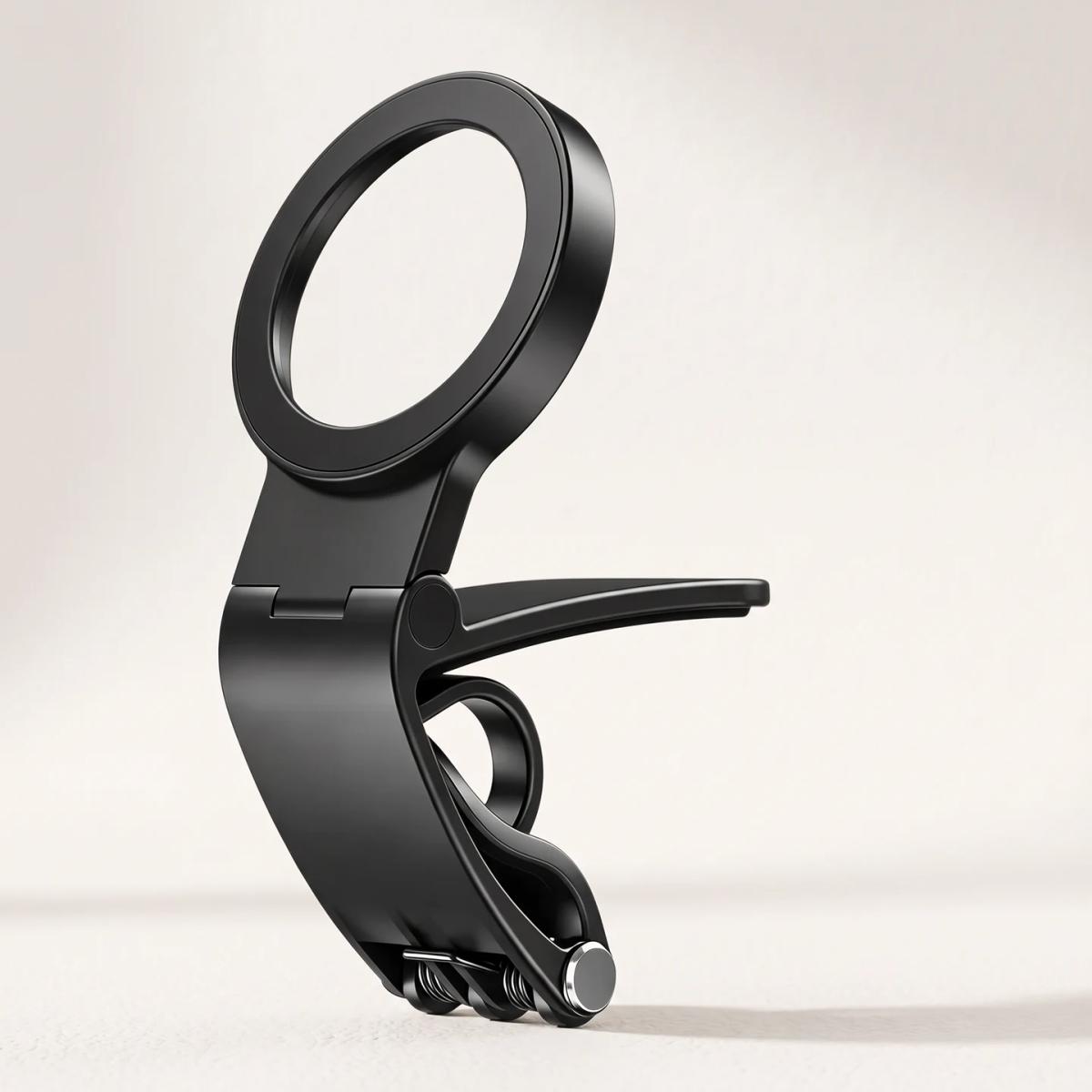 Black phone holder with circular ring, folding hinge and clamp