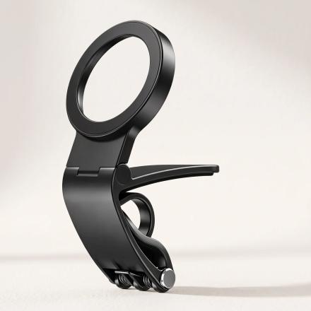 Black magnetic phone holder with circular ring, hinge and clamp base