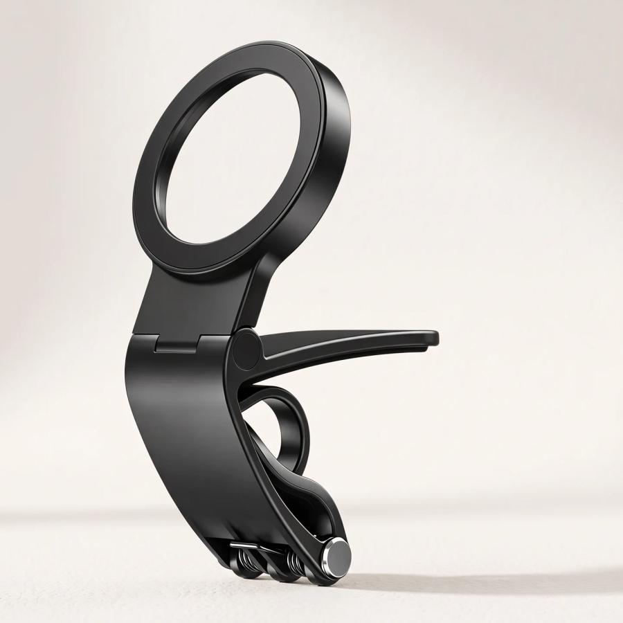 Black phone holder with circular ring, folding hinge and clamp