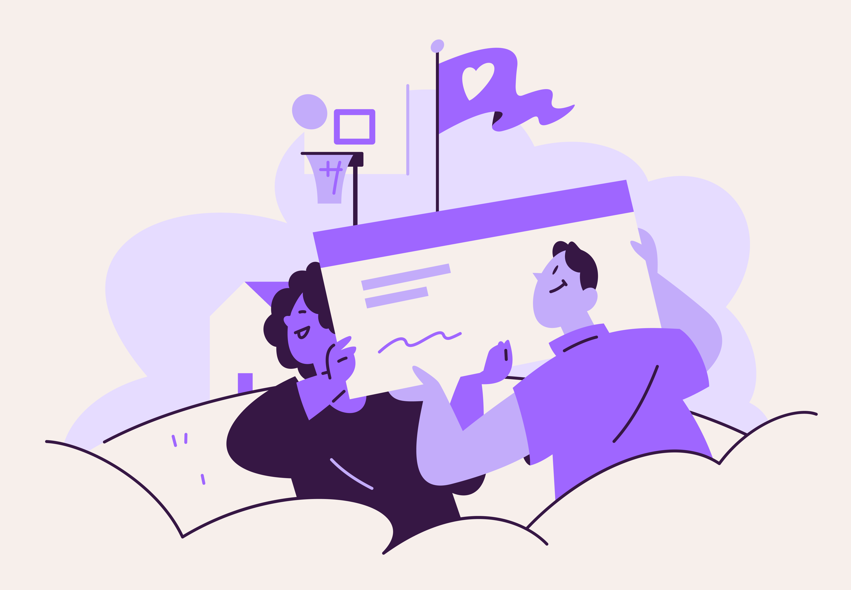 Tegning av to personer som får tilskudd